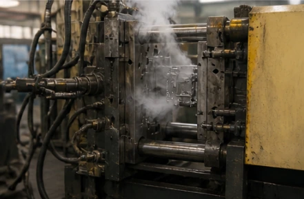 Die casting mold opening with steam during zinc alloy component production