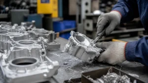 Worker deburring custom aluminum die casting parts after production