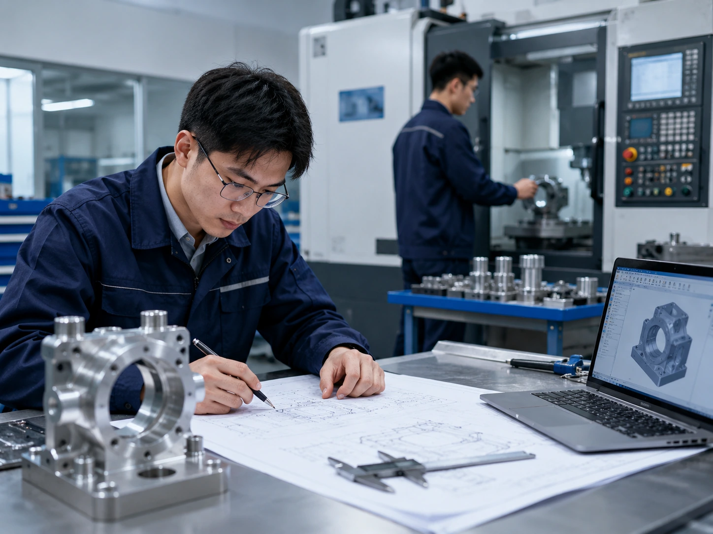 Chinese engineer reviewing technical drawings and CNC machined aluminum parts during manufacturing workflow review