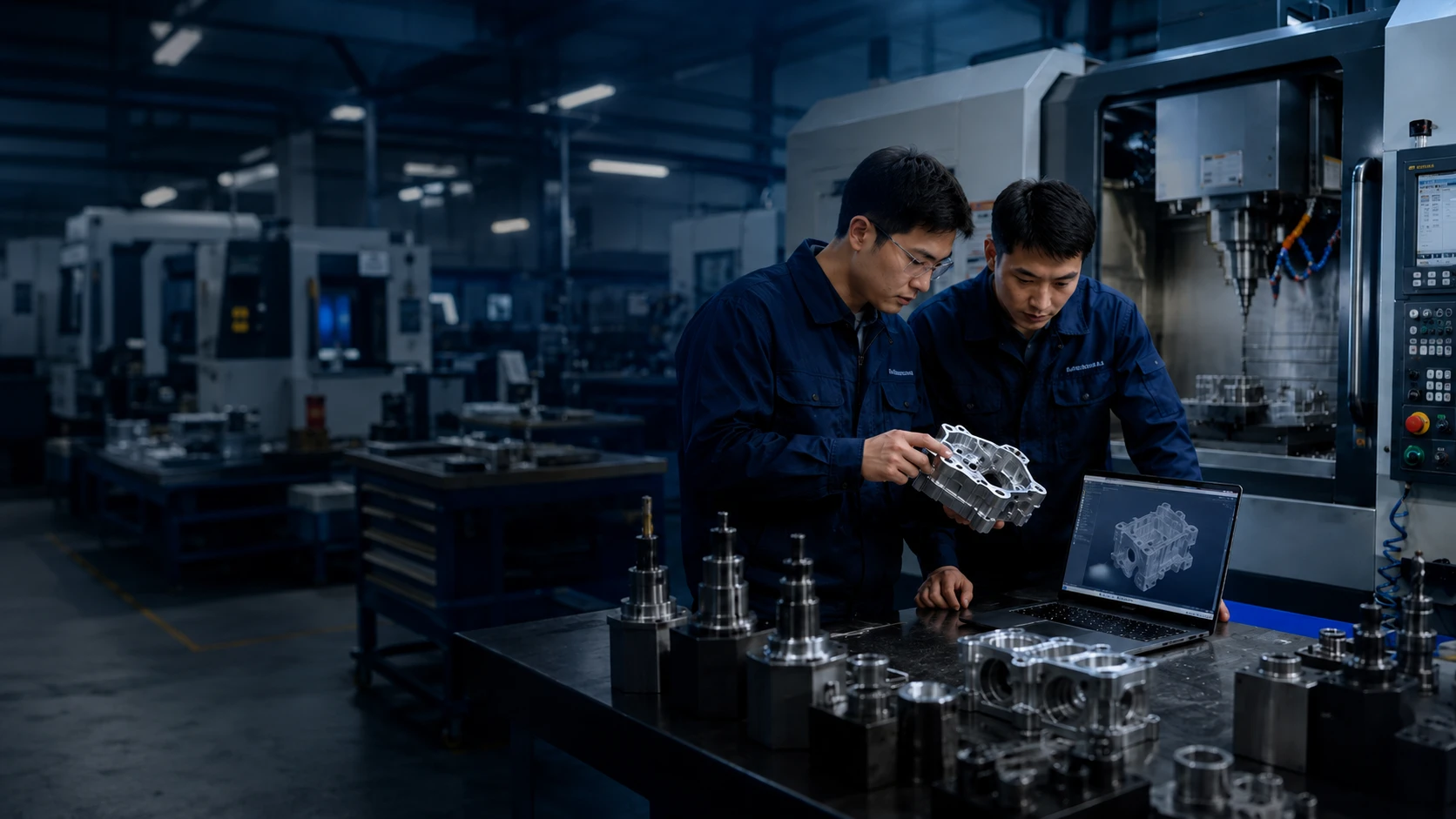 Chinese engineers reviewing CNC machined parts in a modern precision manufacturing workshop