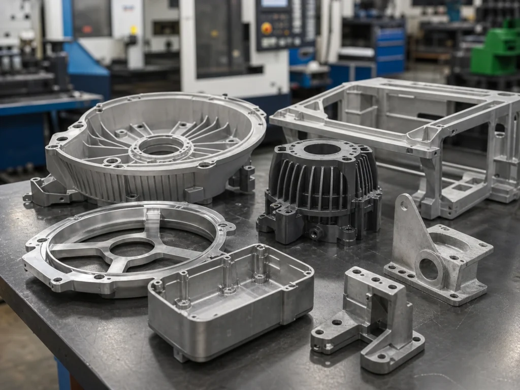 LED lighting housings and aluminum heat sink components on a workshop table