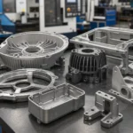 LED lighting housings and aluminum heat sink components on a workshop table