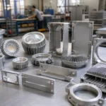Aluminum lighting housings and heat sink components in a factory workshop