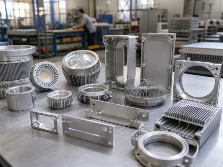 Aluminum lighting housings and heat sink components in a factory workshop