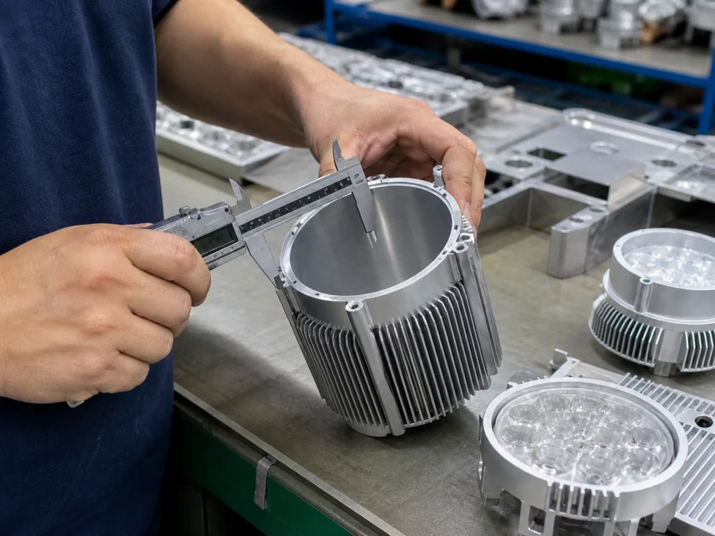 Technician measuring an aluminum LED heat sink housing with calipers