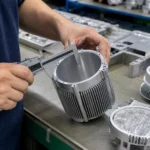 Technician measuring an aluminum LED heat sink housing with calipers