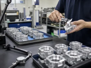 Technician inspecting small-batch CNC machined aluminum parts with measuring tools