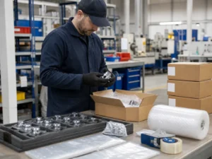 Worker packing and checking low-volume production parts before shipment