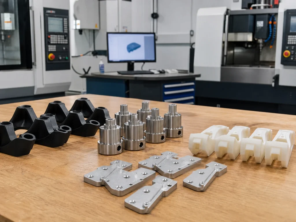 Small batch of custom plastic and metal parts prepared for low-volume production review