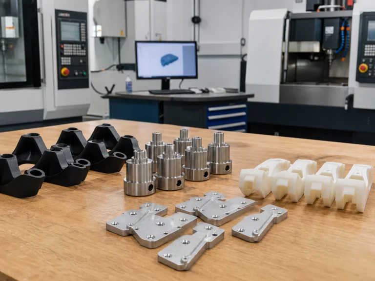 Small batch of custom plastic and metal parts prepared for low-volume production review
