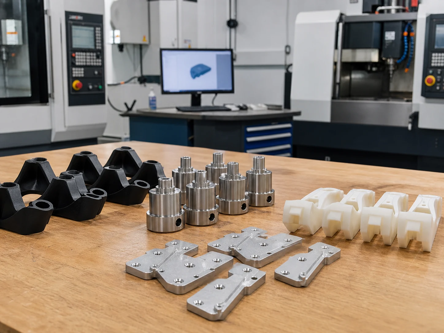Small batch of custom plastic and metal parts prepared for low-volume production review