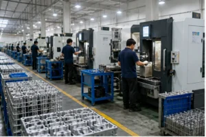 Mass production workshop with CNC machines and custom metal parts in batch production
