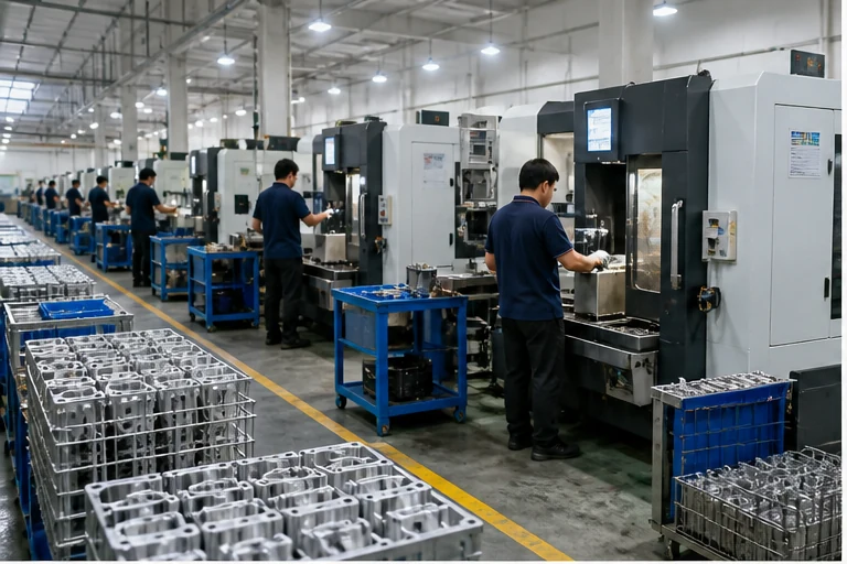 Mass production workshop with CNC machines and custom metal parts in batch production