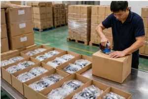 Worker packing custom plastic and metal parts before shipment