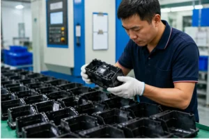Worker inspecting black injection molded plastic parts during mass production