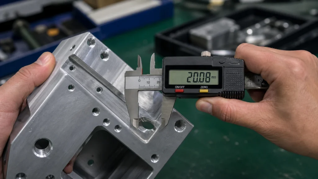 Worker measuring a CNC machined aluminum housing with a digital caliper for dimensional inspection