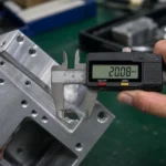 Worker measuring a CNC machined aluminum housing with a digital caliper for dimensional inspection