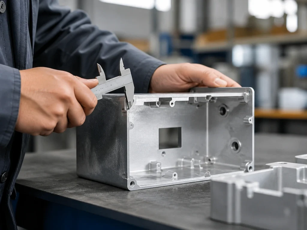 Technician measuring a custom metal enclosure with calipers