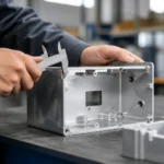 Technician measuring a custom metal enclosure with calipers