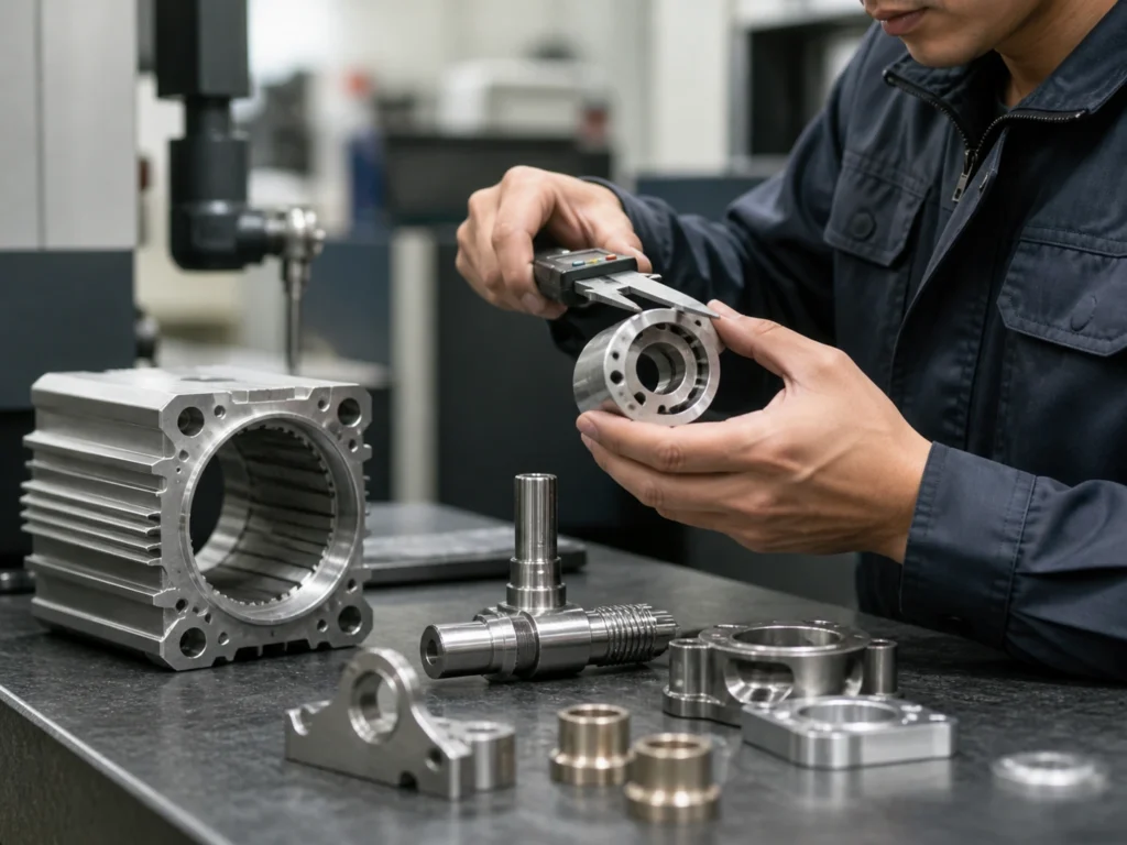 Technician inspecting a precision machined motor component with calipers