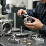 Technician inspecting a precision machined motor component with calipers