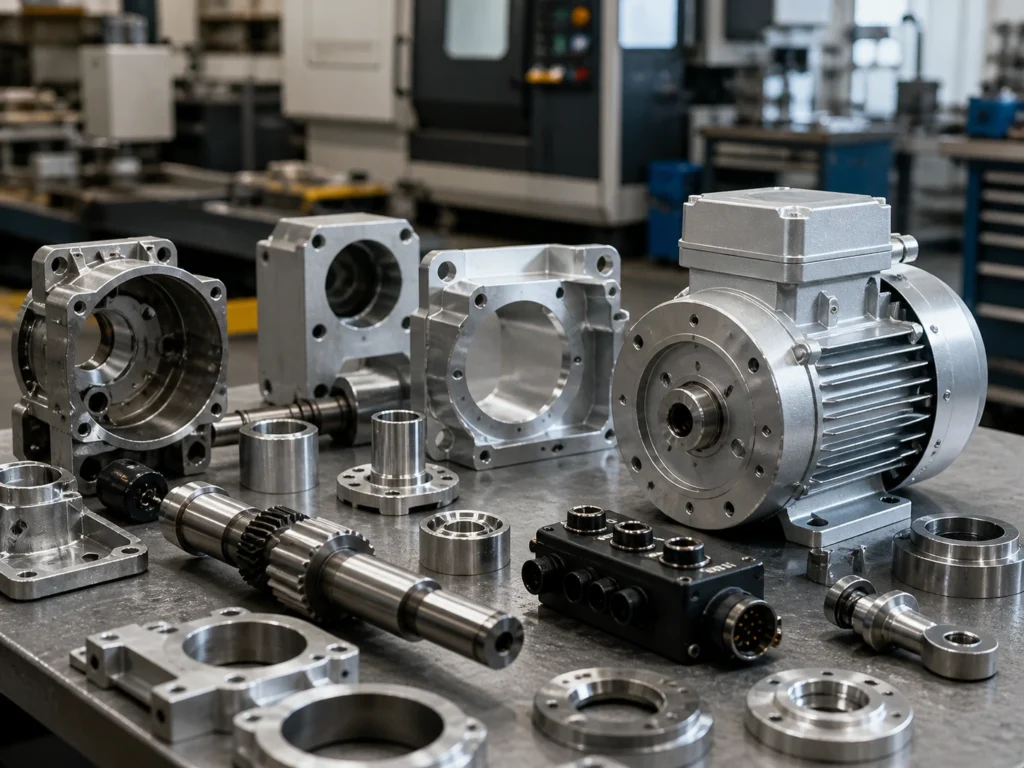 Custom motor and mechanical components arranged in a CNC machining workshop