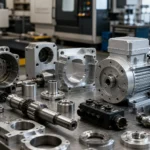 Custom motor and mechanical components arranged in a CNC machining workshop