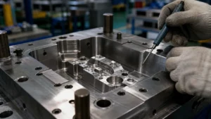 Close-up inspection of a precision machined die casting mold cavity