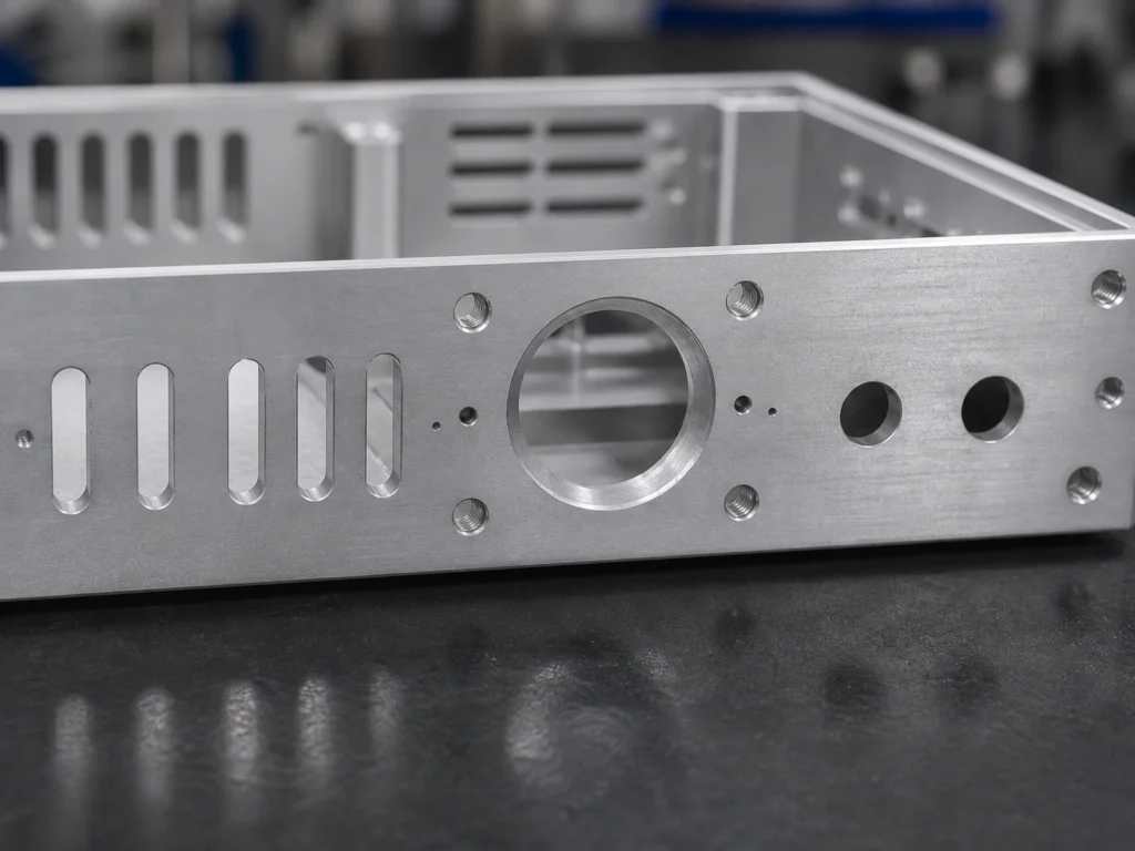 CNC machined aluminum chassis on a workbench showing internal structure, mounting holes, and machined surfaces
