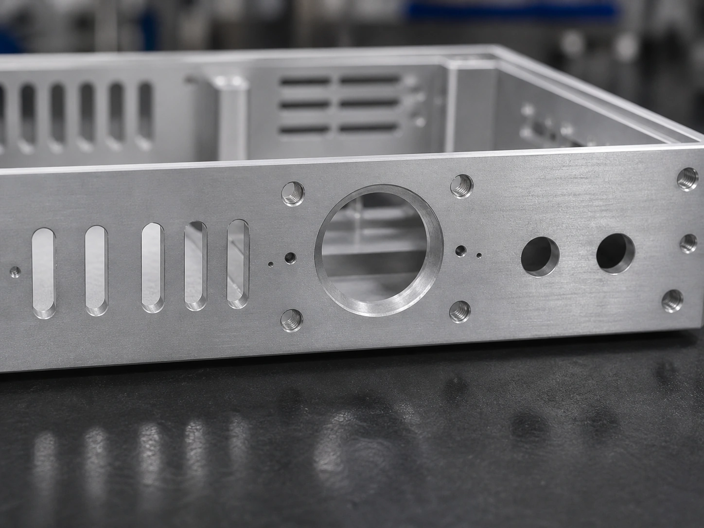 CNC machined aluminum chassis on a workbench showing internal structure, mounting holes, and machined surfaces