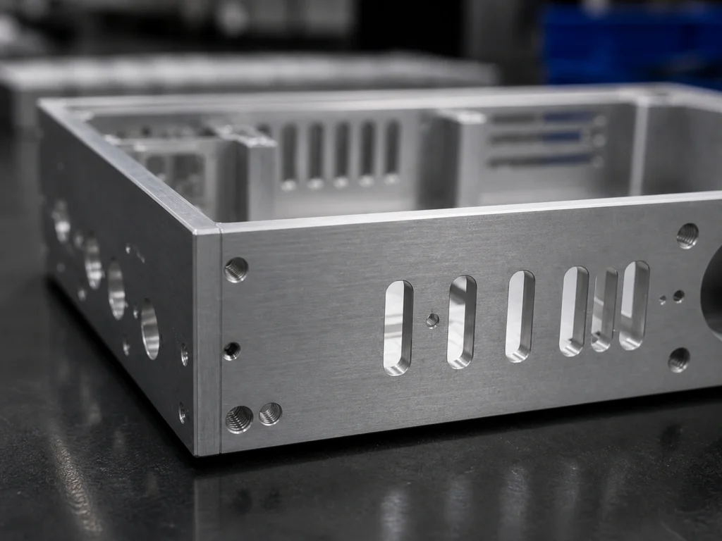 Close-up detail of a CNC machined aluminum enclosure with clean edges, ventilation slots, and threaded holes