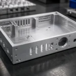 Close-up view of a precision CNC machined aluminum enclosure showing holes, slots, and brushed metal surface finish