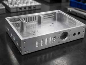 Close-up view of a precision CNC machined aluminum enclosure showing holes, slots, and brushed metal surface finish