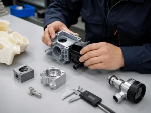 Technician checking the assembly fit of custom plastic and metal prototype parts