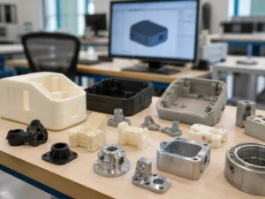 Custom plastic and metal prototype samples displayed on an engineering workbench