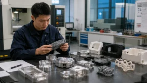 Rapid prototyping workshop with CNC machined metal parts, plastic prototype housings, and 3D printed samples