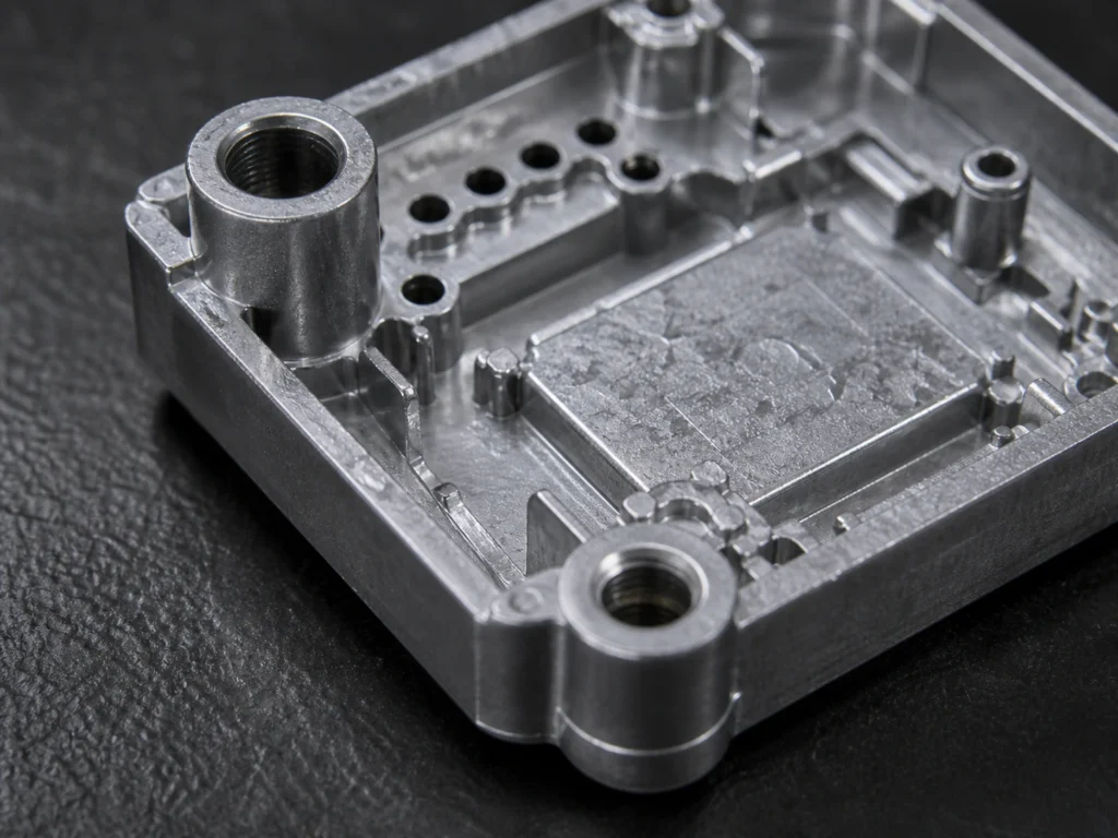 Close-up of a zinc alloy die cast housing showing holes, ribs, and bosses