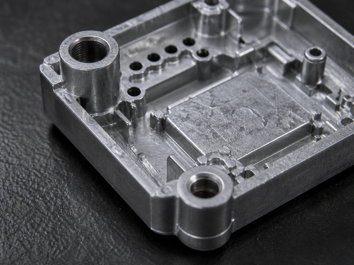 Close-up of a zinc alloy die cast housing showing holes, ribs, and bosses