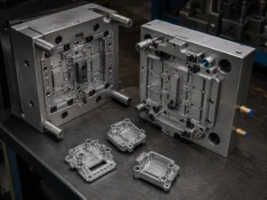 Open zinc alloy die casting mold with trial cast electronic components