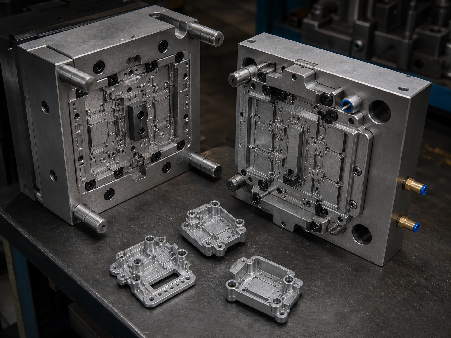 Open zinc alloy die casting mold with trial cast electronic components