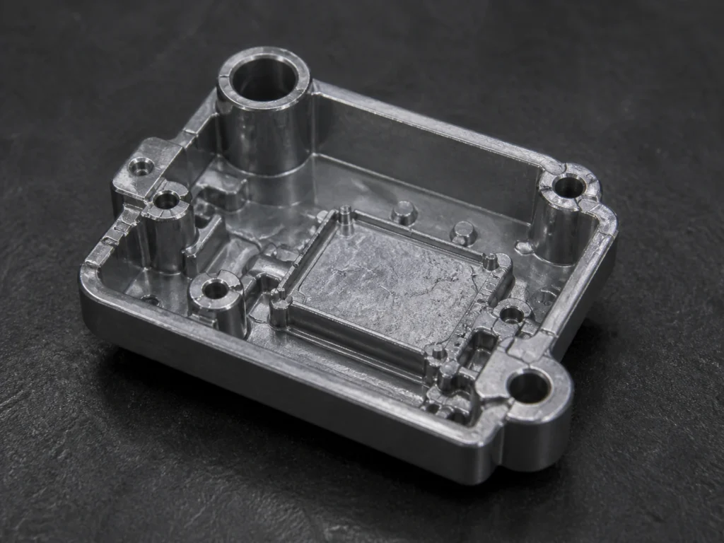 Close-up of a zinc alloy die cast electronic component with mounting bosses