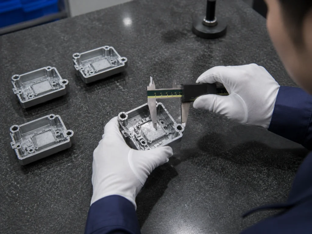 Final caliper inspection of a zinc alloy die cast electronic component