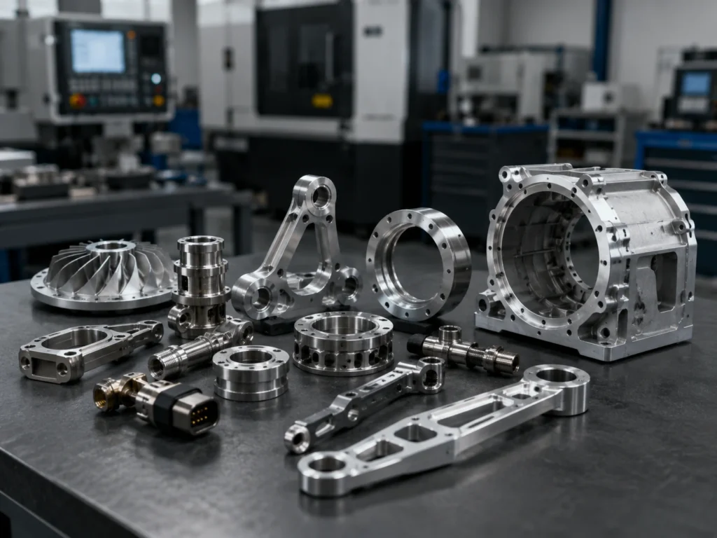 Aerospace machining parts display with aluminum housings brackets shafts and turbine components