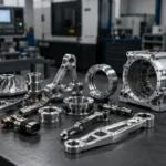 Aerospace machining parts display with aluminum housings brackets shafts and turbine components