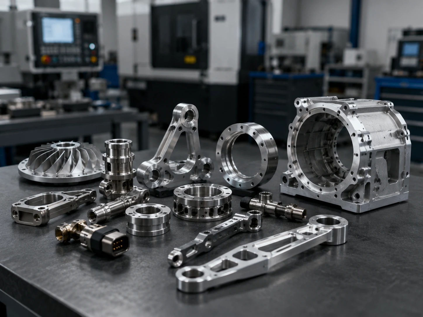 Aerospace machining parts display with aluminum housings brackets shafts and turbine components