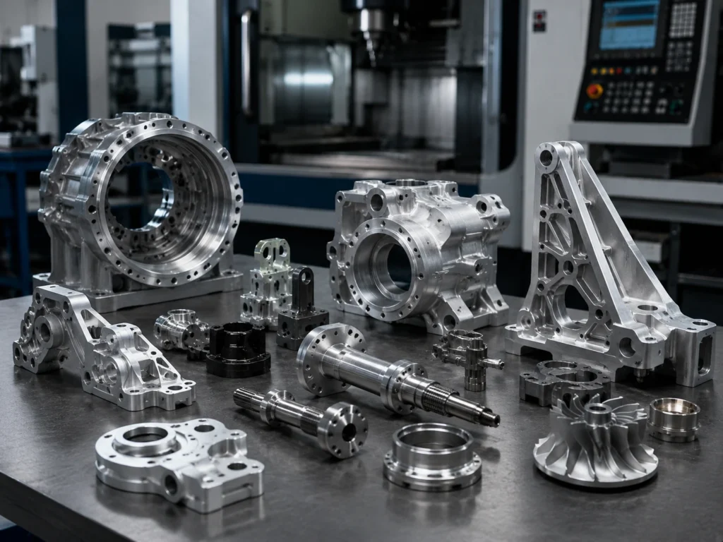 Aerospace precision machined components displayed in CNC machining workshop