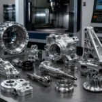 Aerospace precision machined components displayed in CNC machining workshop