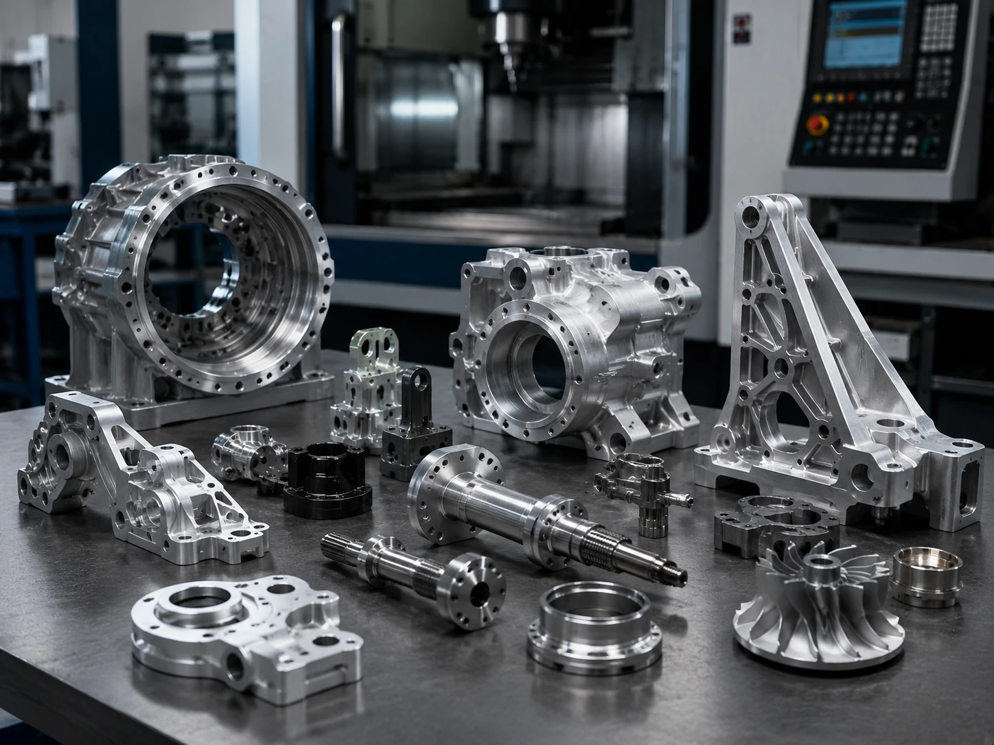 Aerospace precision machined components displayed in CNC machining workshop