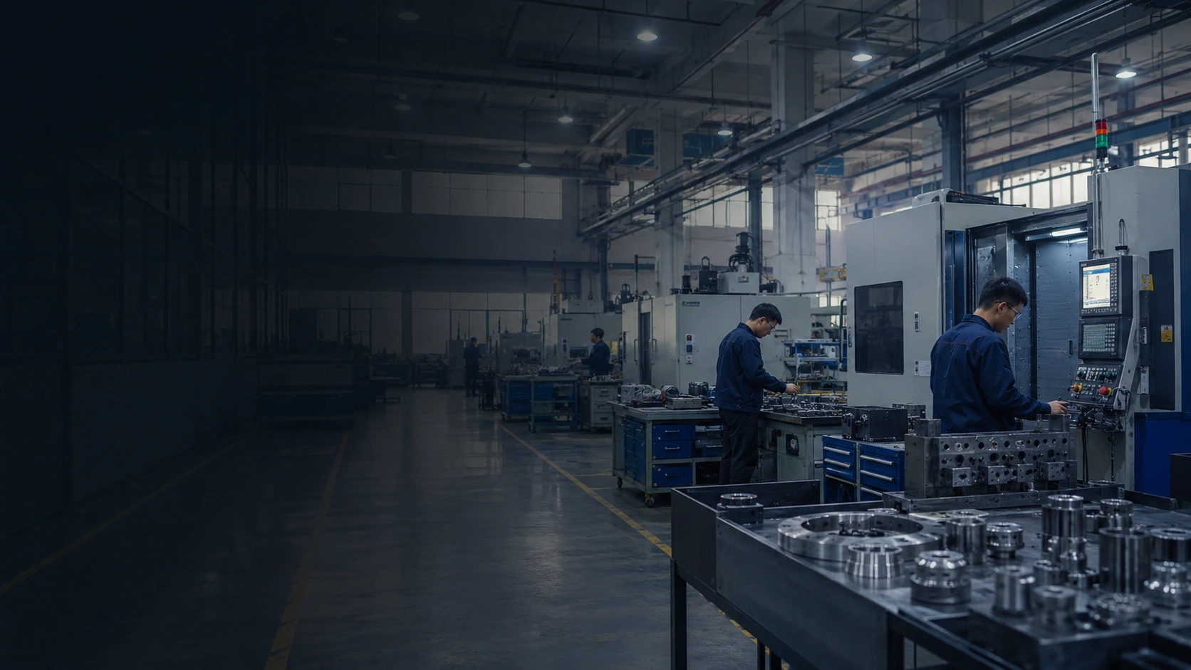 Chinese CNC machining factory background with workers, machining equipment, and precision metal components