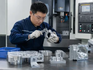 Chinese technician inspecting CNC milled aluminum part with caliper